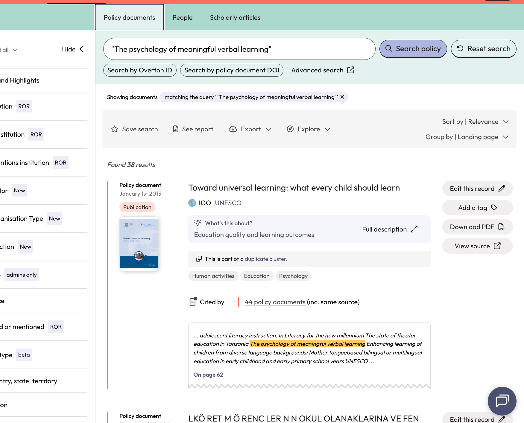 You can see a bit about the context by looking at the snippet. Overton highlights where your title was found. We also provide the page number so you do a deeper dive into the full-text. This is strongly recommended so you can understand how your work