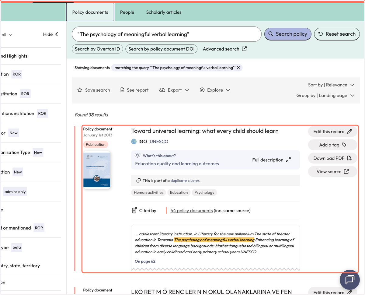 You can see a bit about the context by looking at the snippet. Overton highlights where your title was found. We also provide the page number so you do a deeper dive into the full-text. This is strongly recommended so you can understand how your work