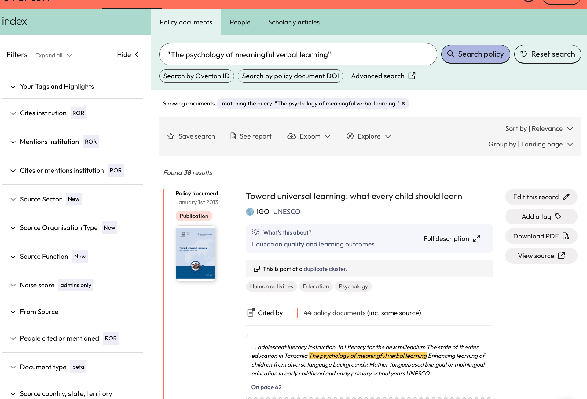 You will be taken to the 'Search Policy Documents' results where you will see results for where the title of your publication has been found in the full-text of policy documents.