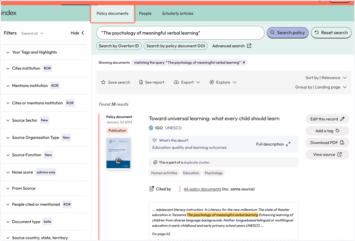 You will be taken to the 'Search Policy Documents' results where you will see results for where the title of your publication has been found in the full-text of policy documents.