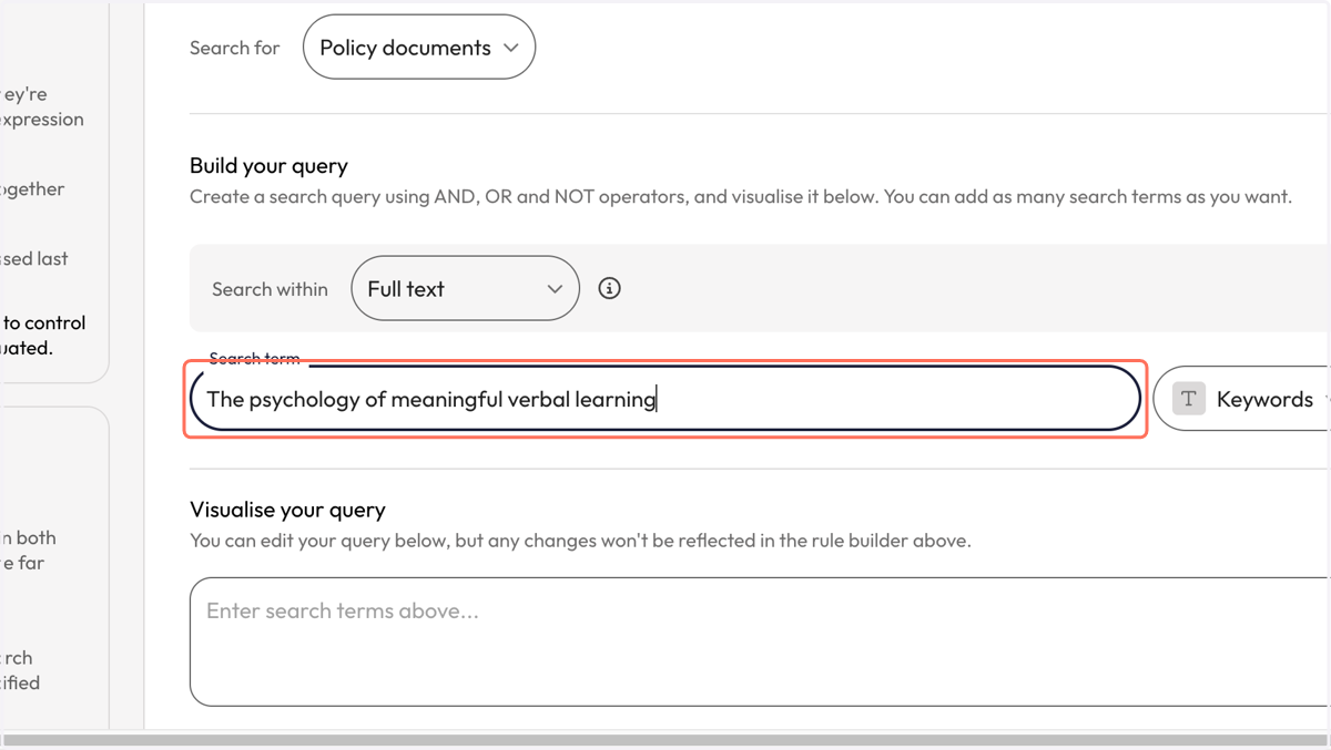 In the 'Search term' box, type the title of your publication