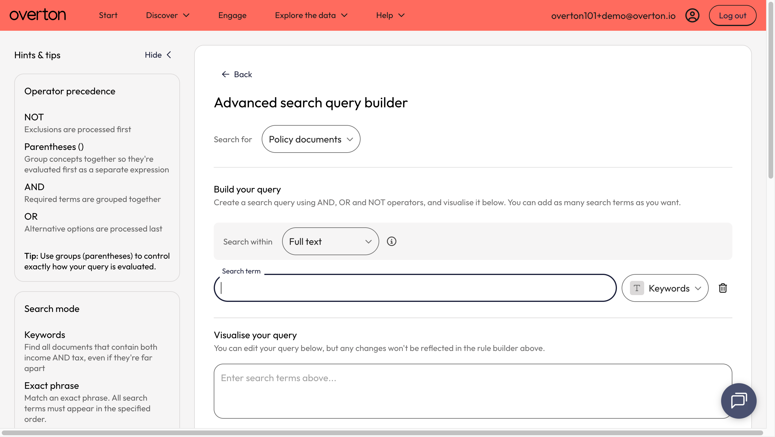 You will be taken to the 'Advanced search query builder'. From the 'Search for' dropdown, click on 'Policy documents'