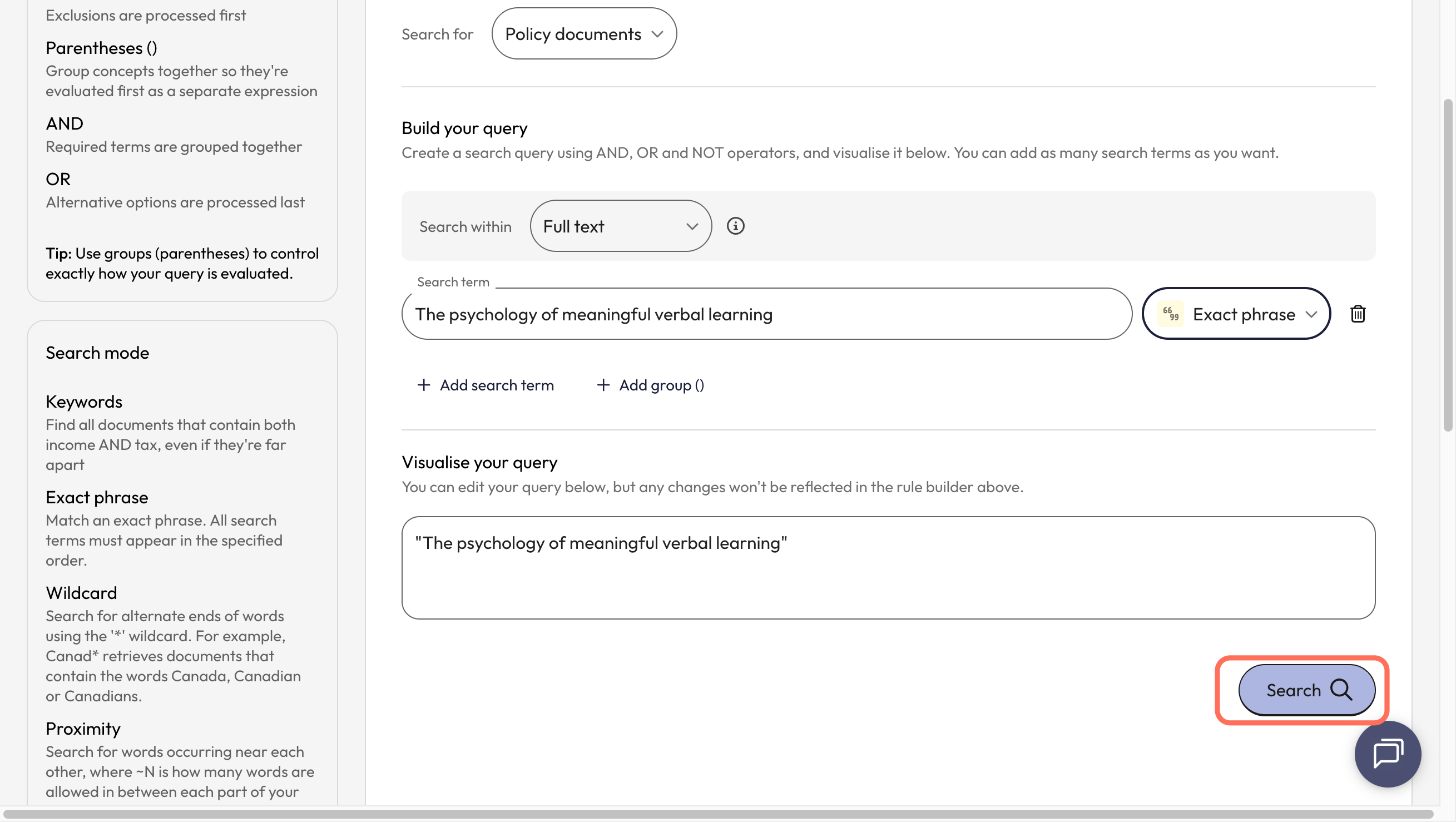 Check your search in the 'Visualise your query' box and click 'Search'