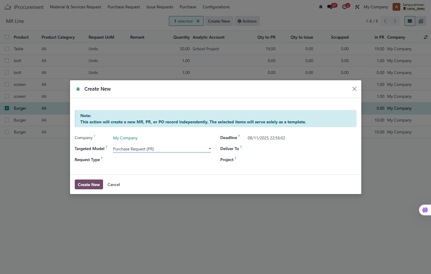 Select Purchase Request (PR) from Targeted Model?