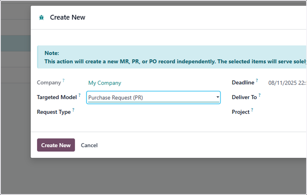 Select Purchase Request (PR) from Targeted Model?