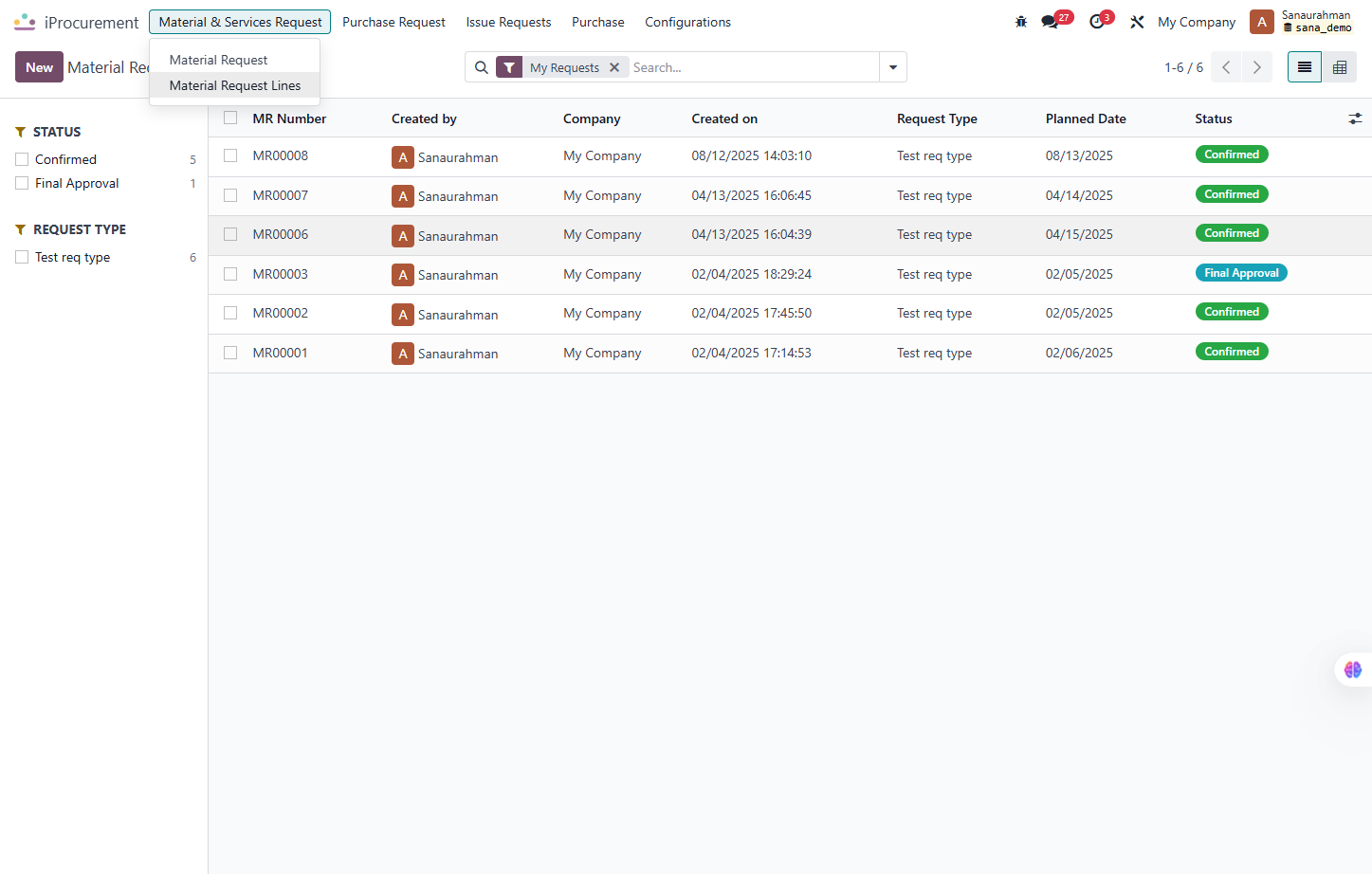 Click on Material Request Lines