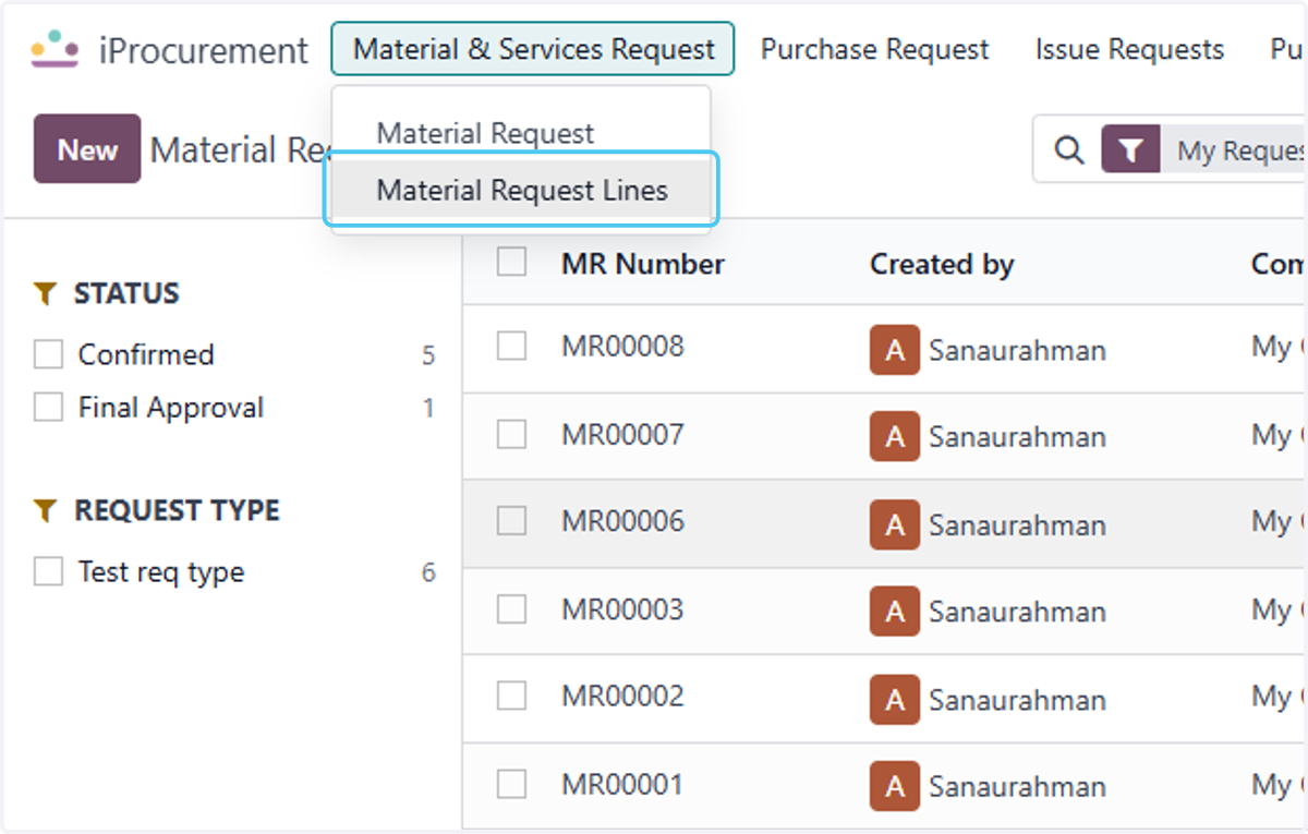 Click on Material Request Lines
