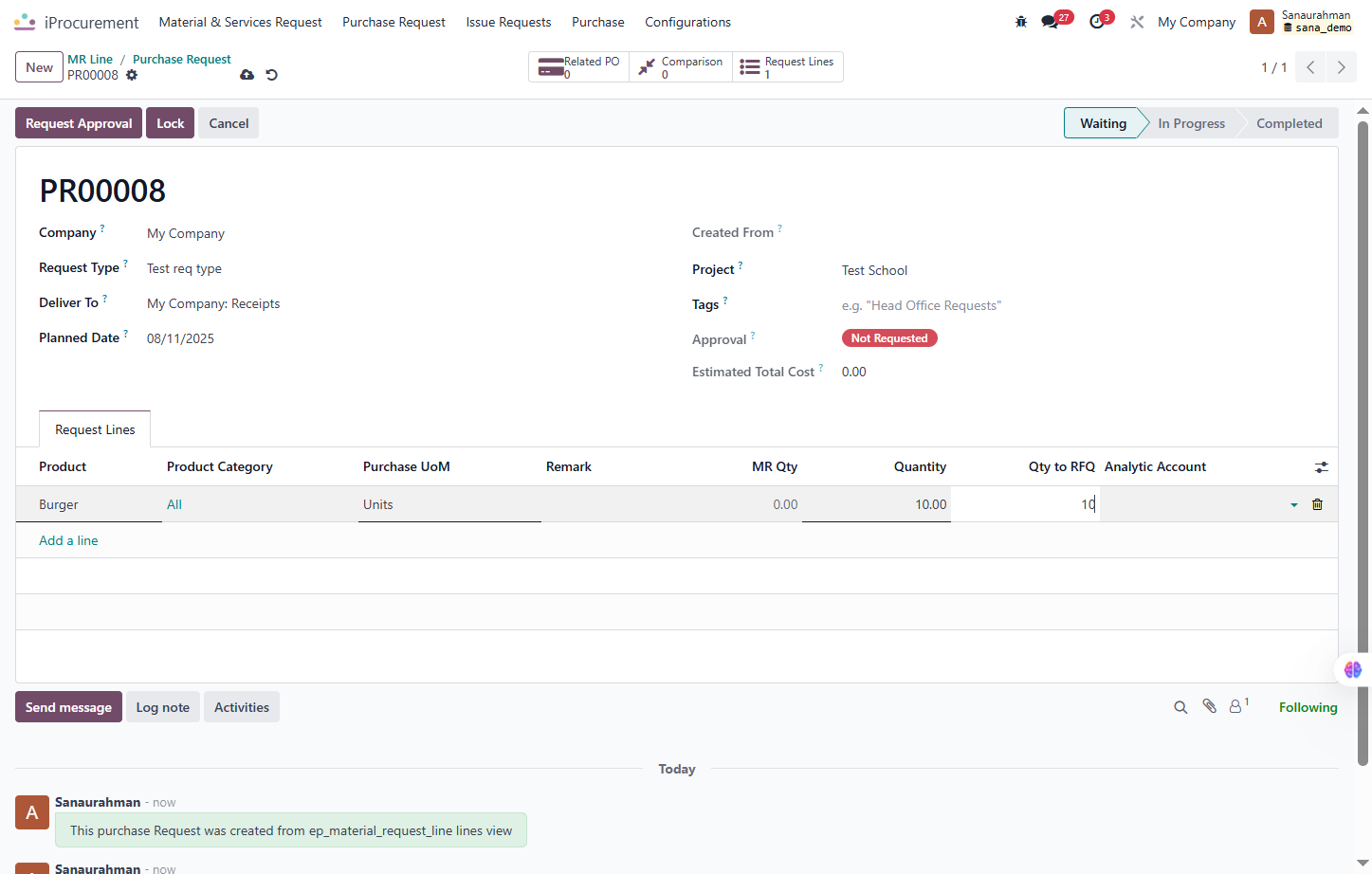 Finaly the Purchase request is created from the MR lines enter the Details procced for further process of purchase cycle
