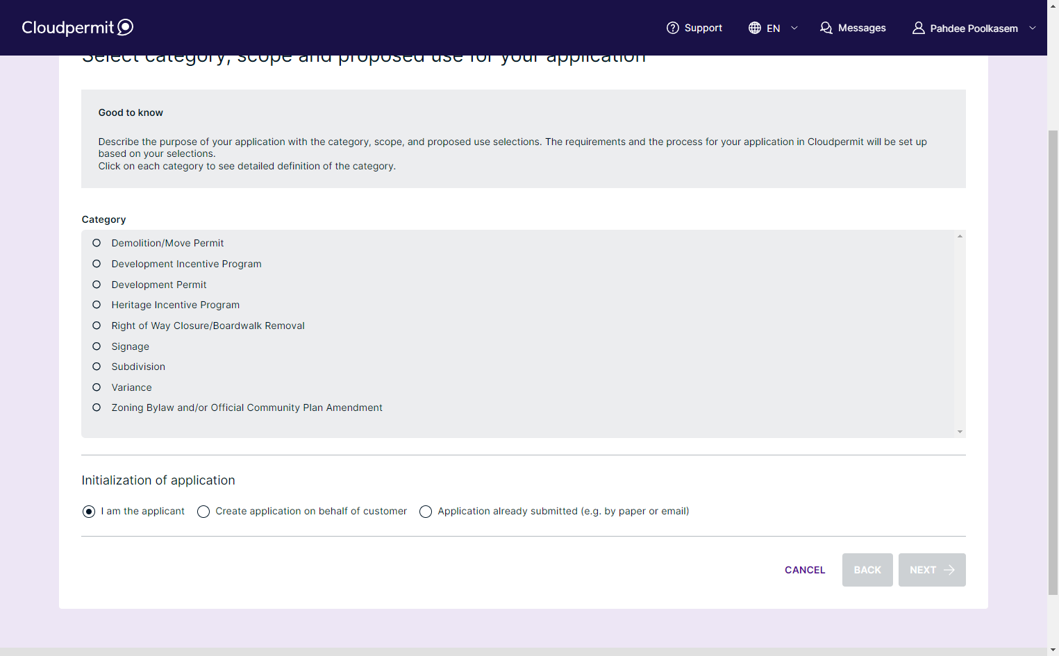 Select your development permit category