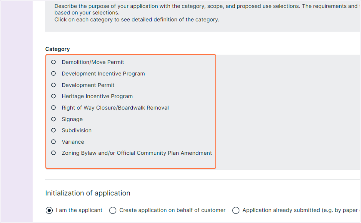 Select your development permit category
