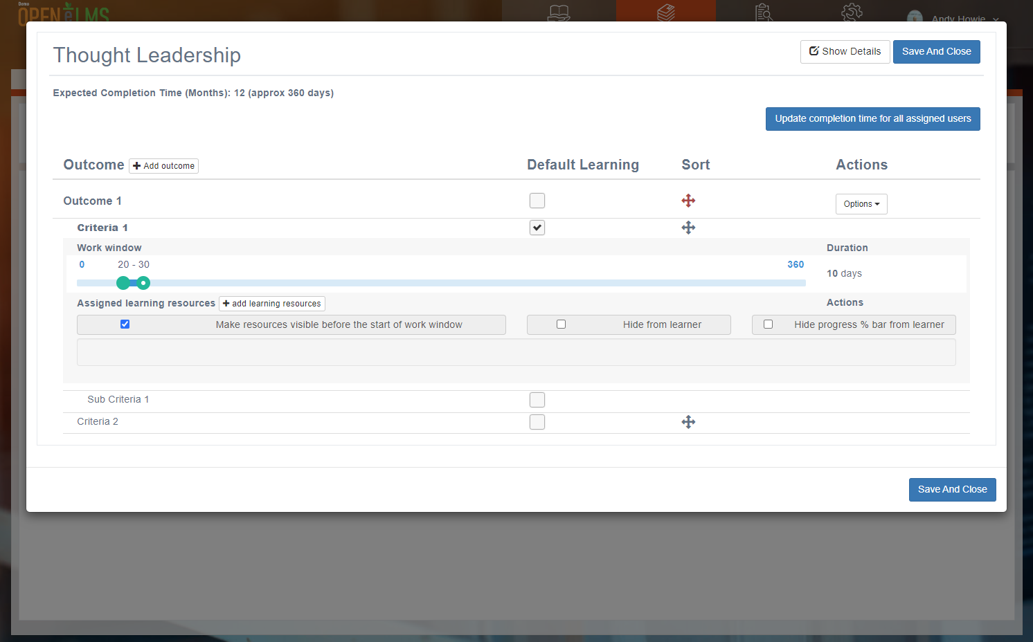 Customise the work window i.e. start date and expected completion date