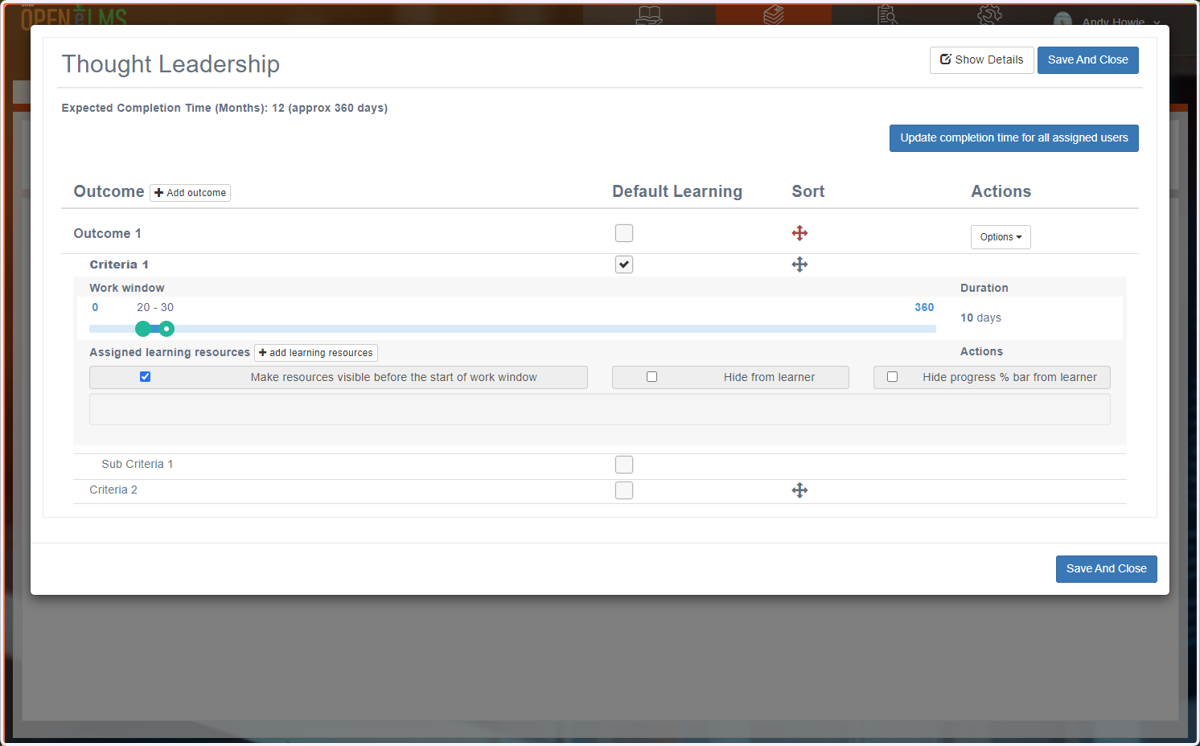 Customise the work window i.e. start date and expected completion date