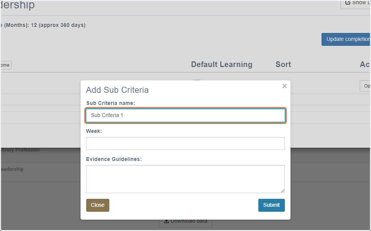 Type in name of sub-criteria 1 linked to criteria 1
