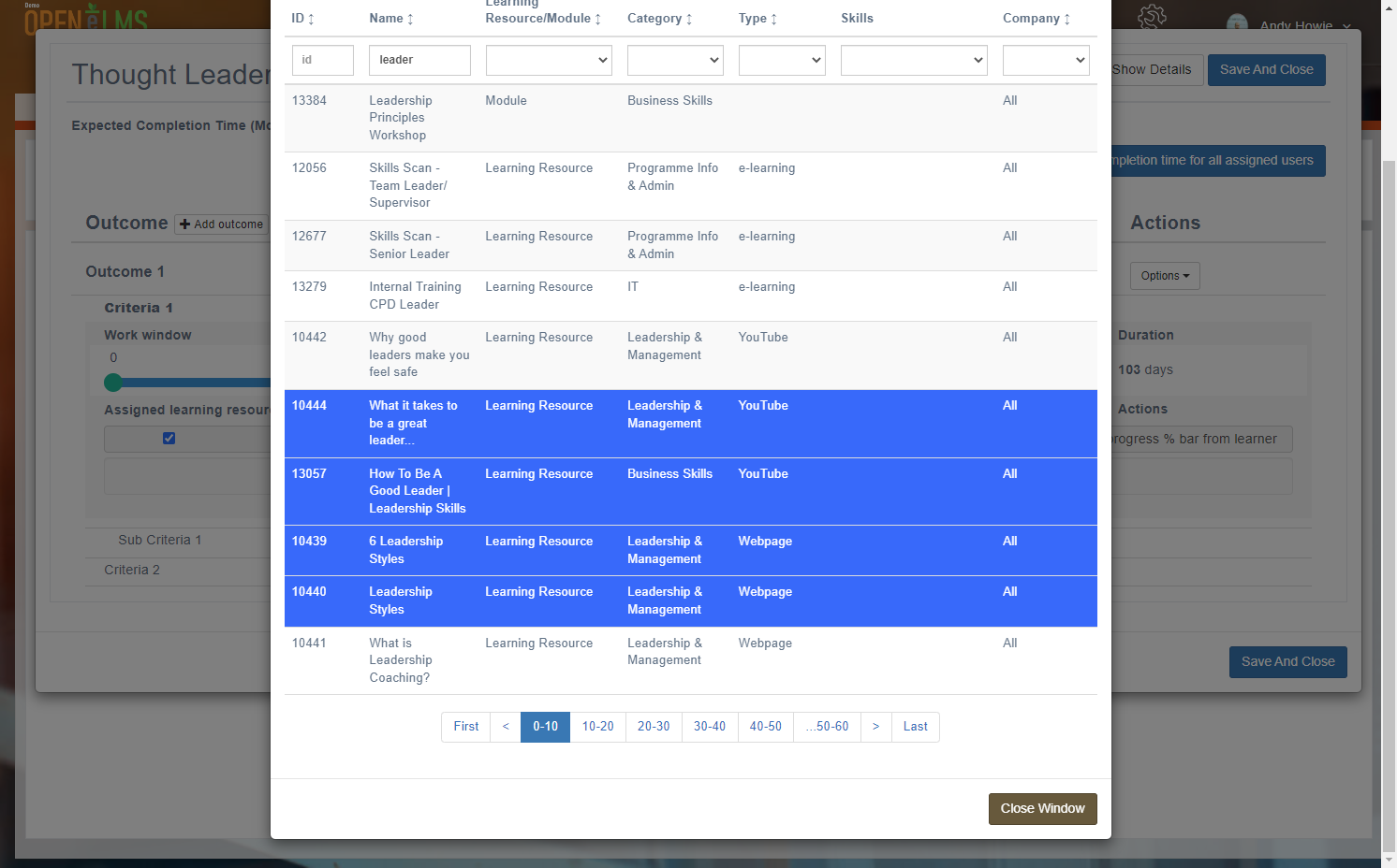Select resources you want to link to criteria/sub-criteria and then close window