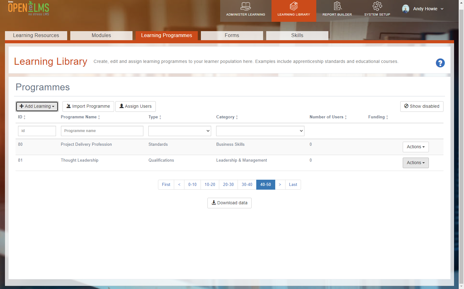 Click on Actions next to the programme you have created