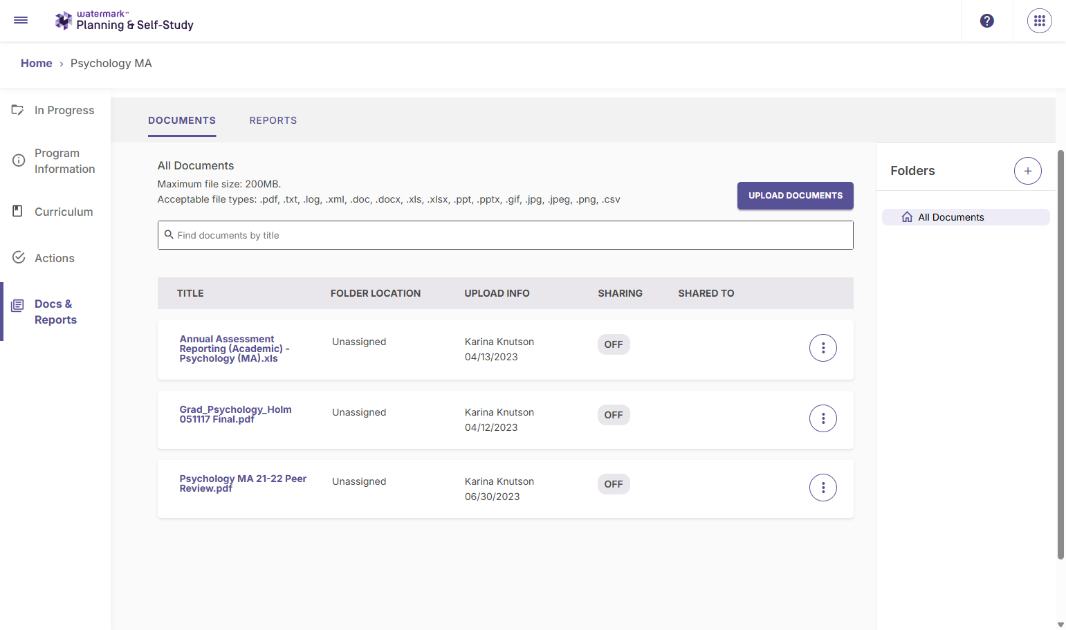 This will show you all the document associated with your program, including past assessment reports. Click on Reports.