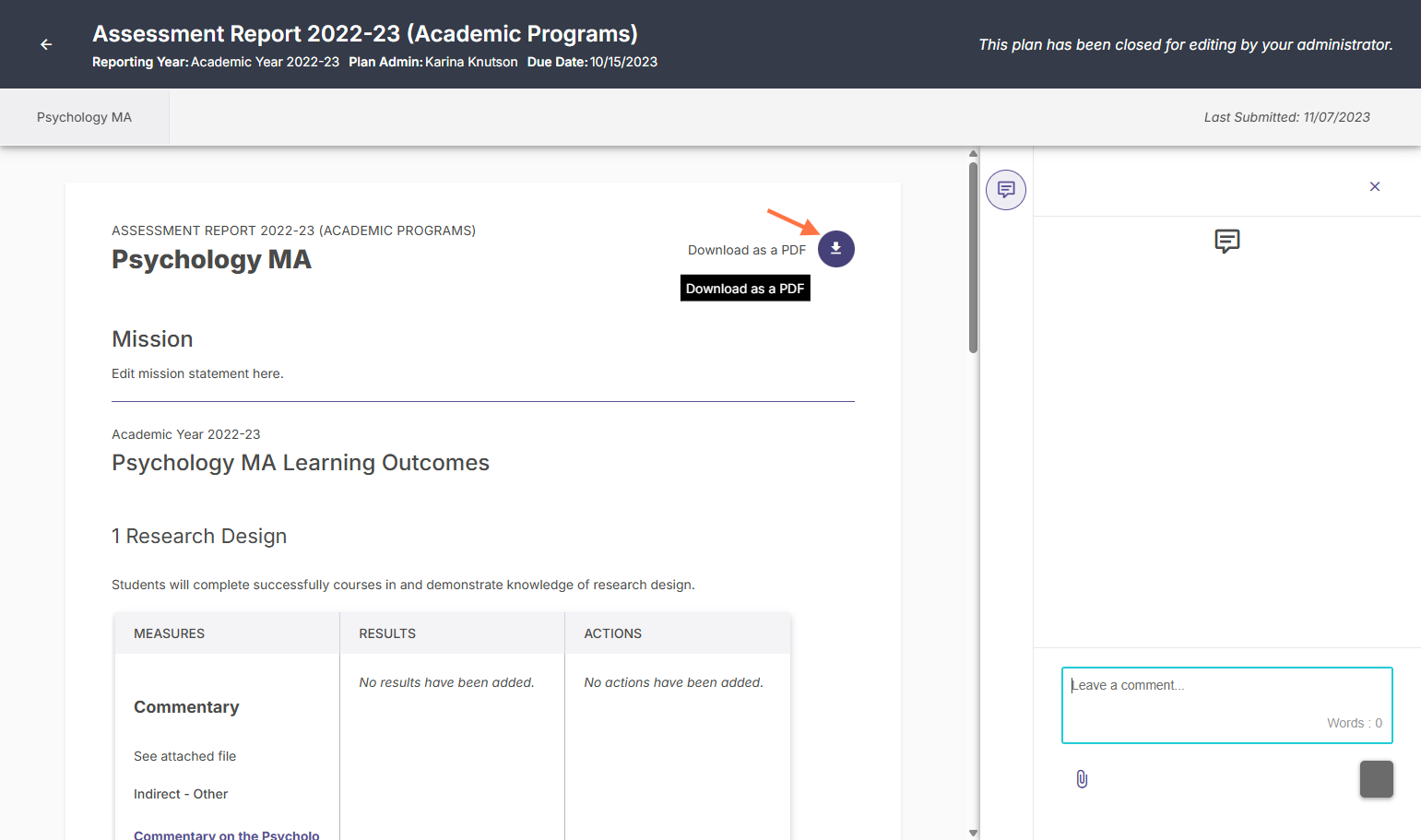Click on the downward facing arrow toward the right side of the screen to download your report as a PDF.