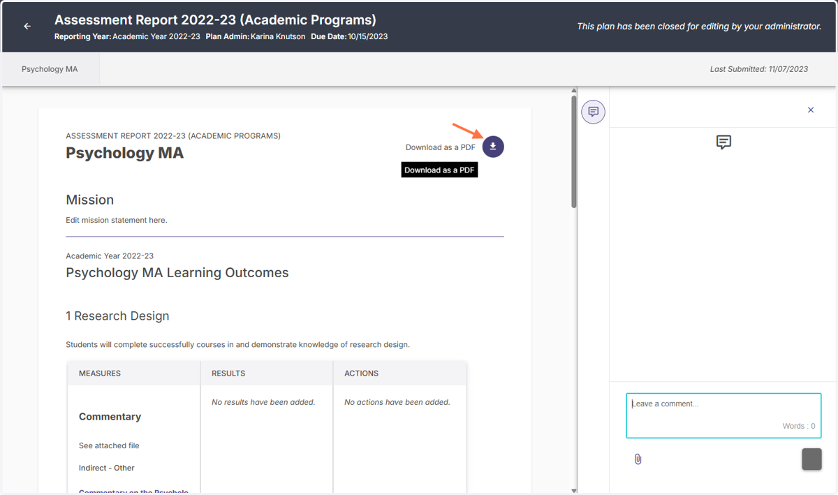 Click on the downward facing arrow toward the right side of the screen to download your report as a PDF.