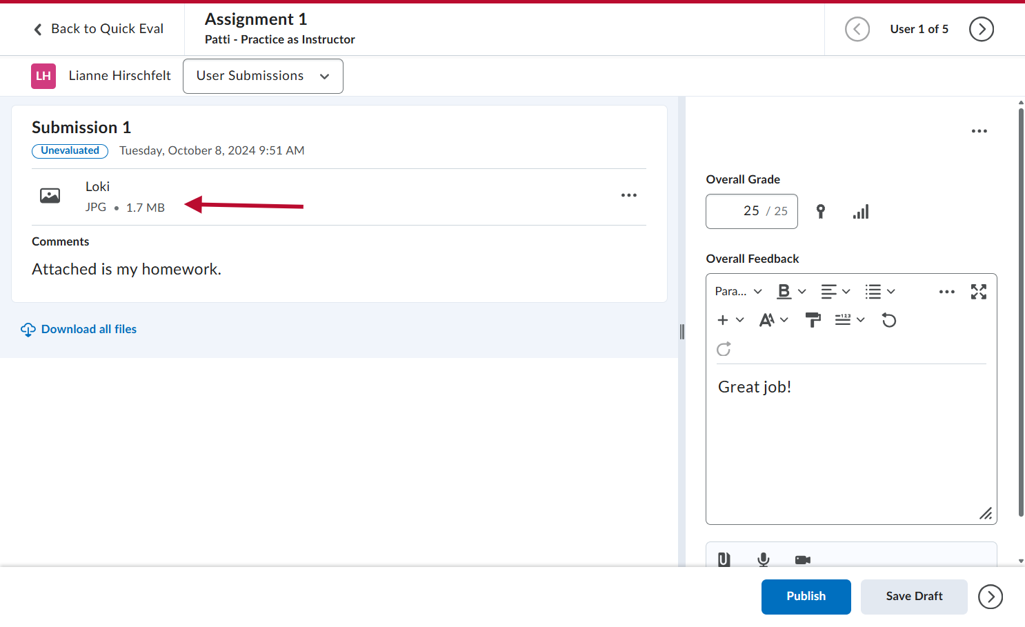 Click on their file to view it in the submission field.