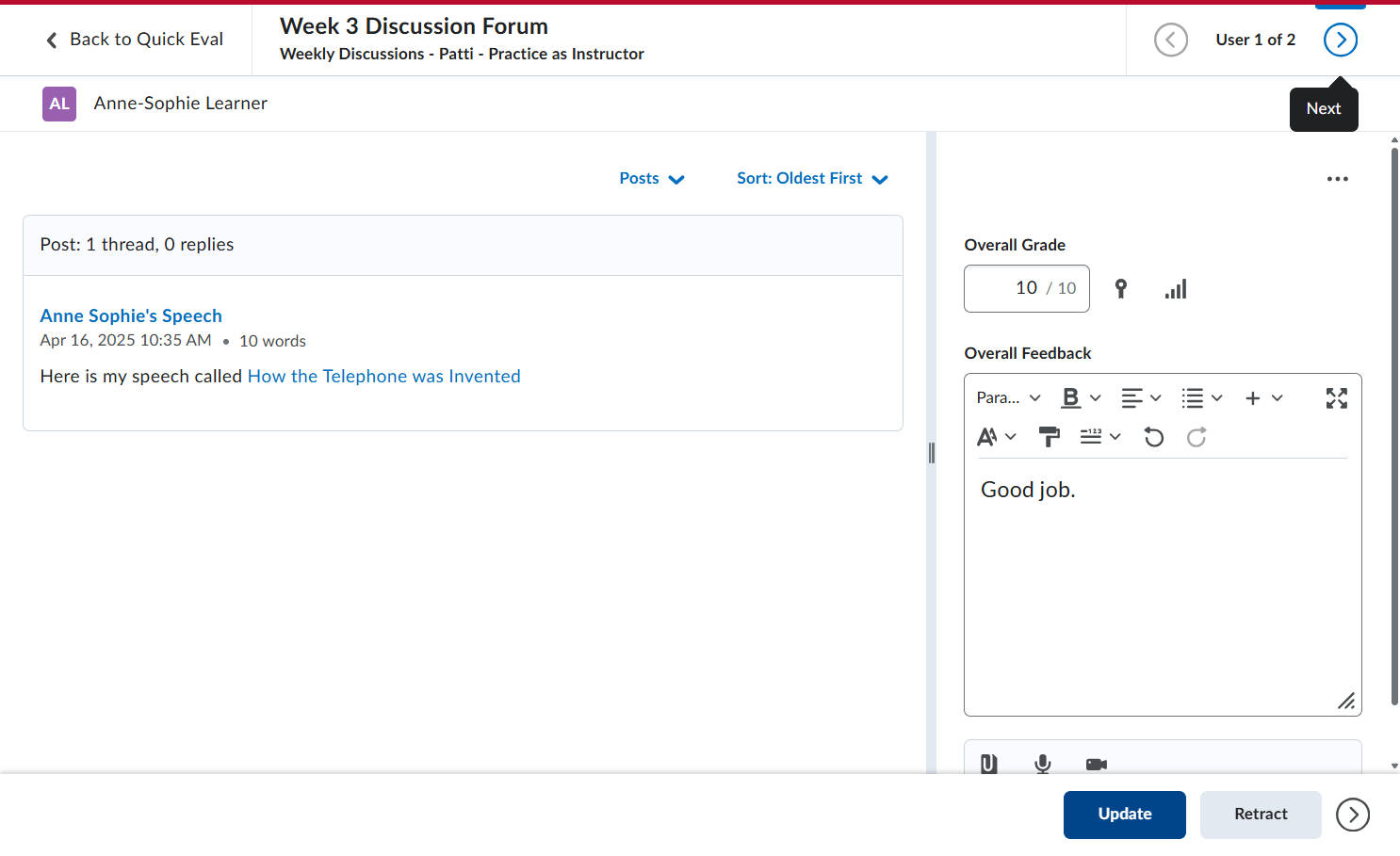 Click on Next to go to the next student.