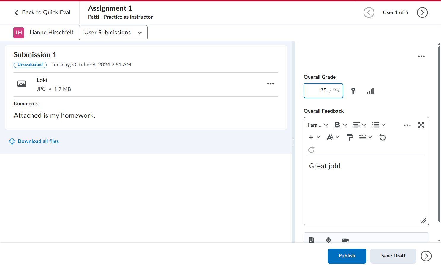 Click on Overall grade to give them a score. Note: If you have a rubric, you can use the rubric to populate the Overall Grade field.