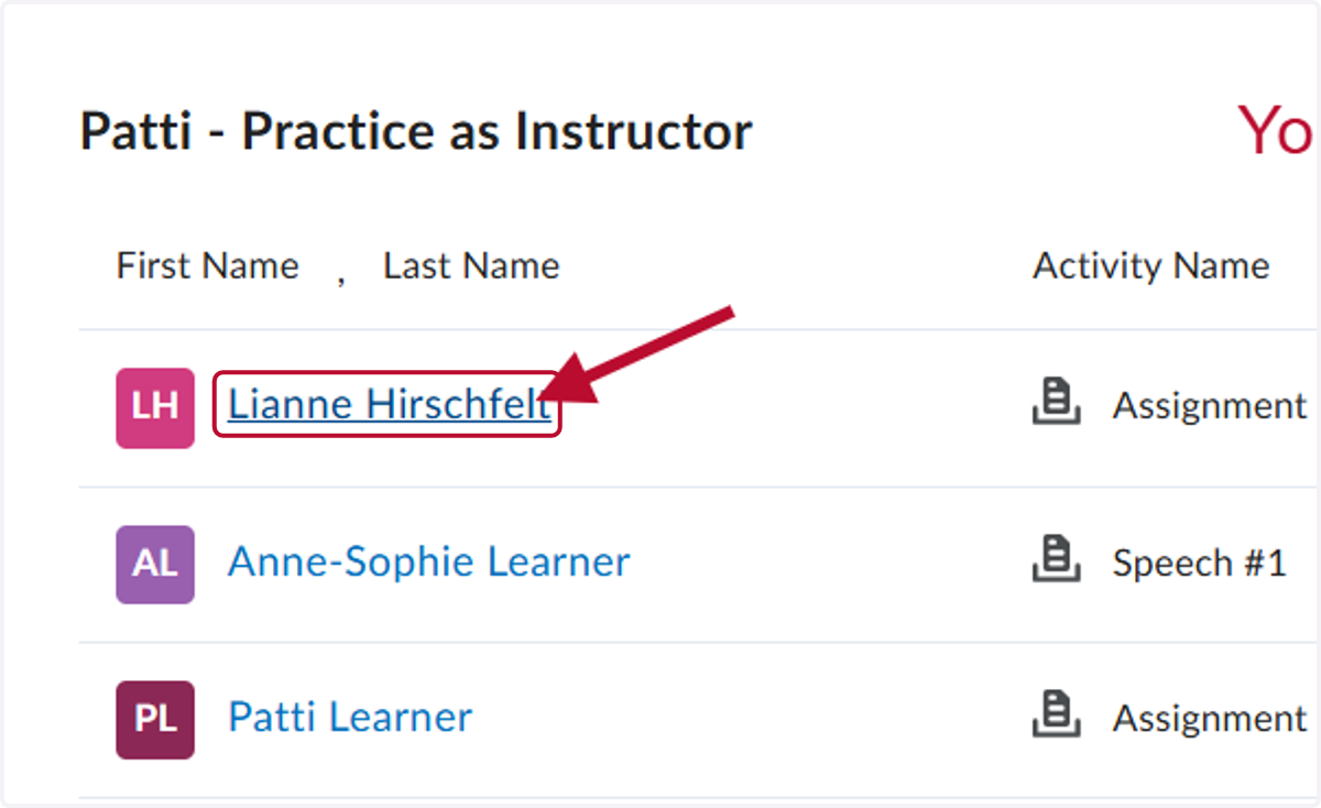 Click on the student you want to grade. In our example, we clicked on a sample student named Lianne Hirschfelt