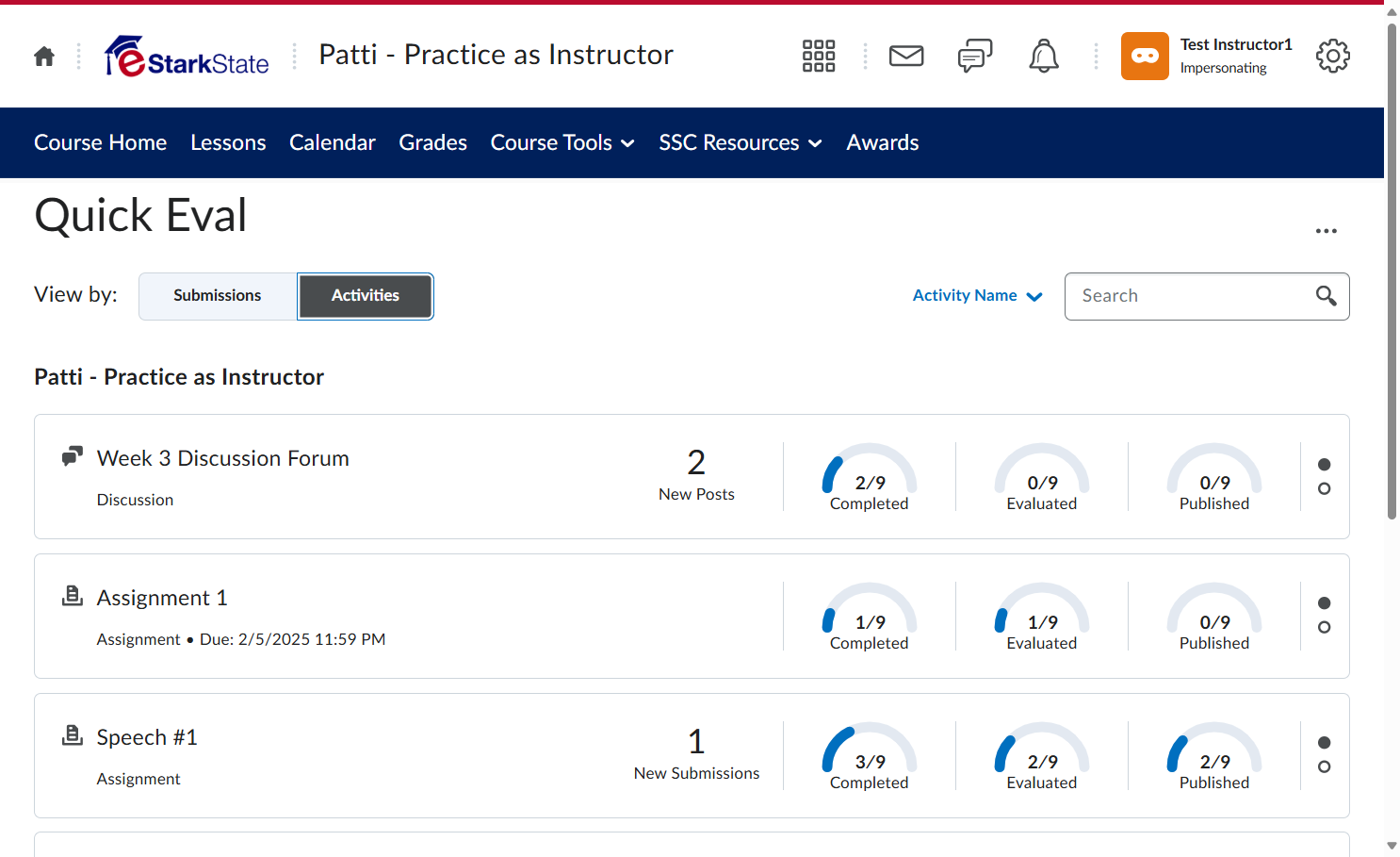 You can also view the assessments using the Activities button.