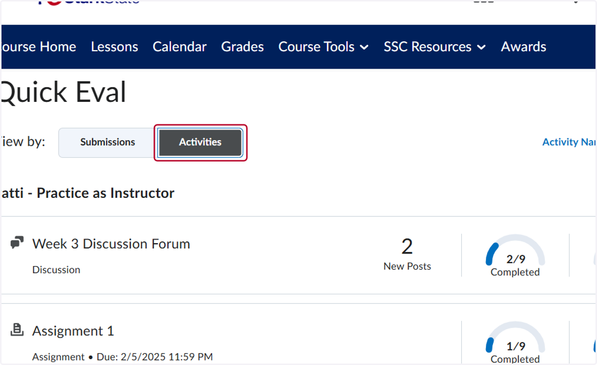 You can also view the assessments using the Activities button.