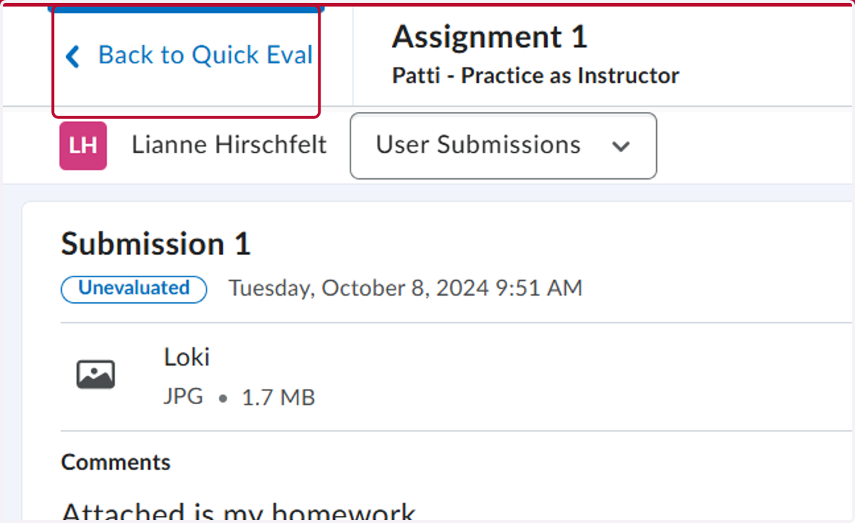 Click on Back to Quick Eval