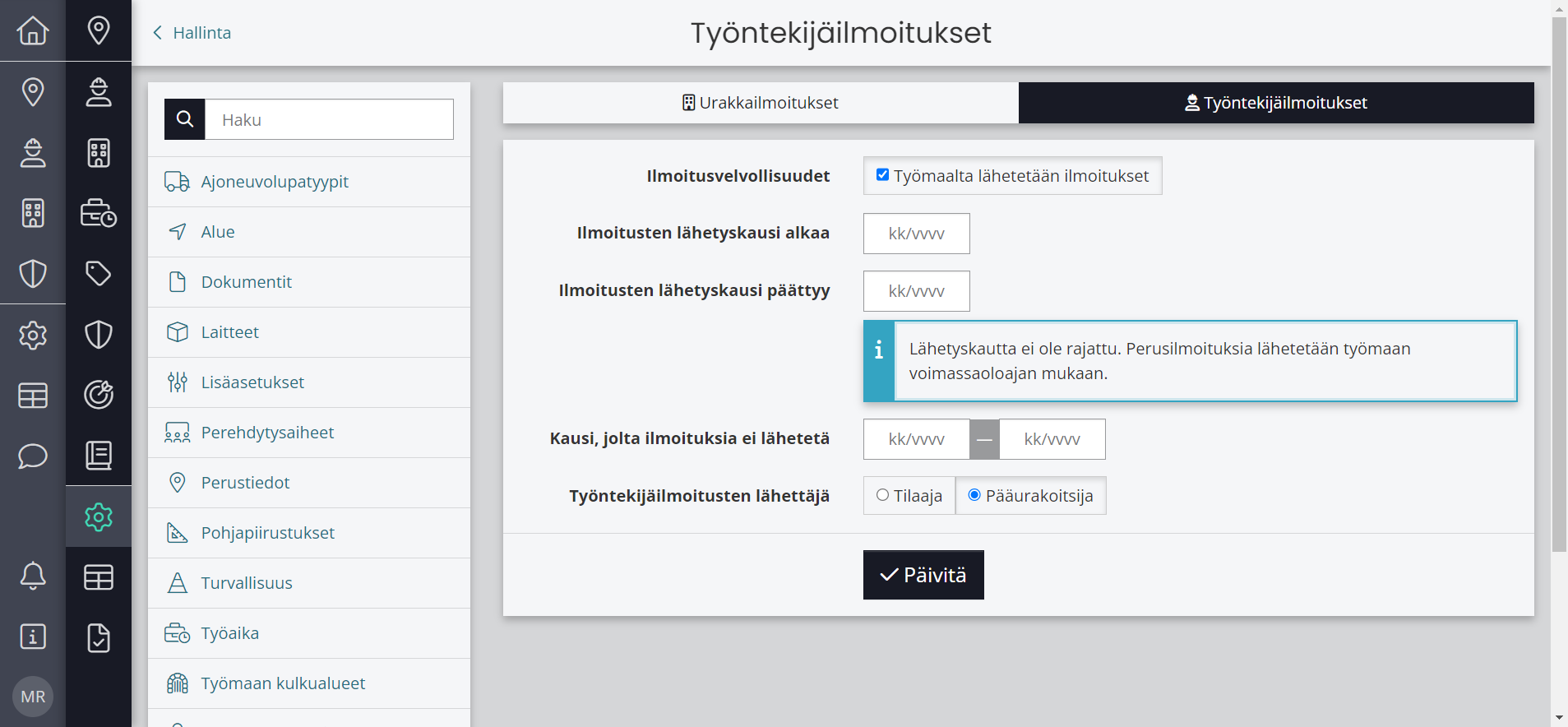 Aseta tarvittaessa päivämäärät työntekijäilmoitusten lähetyskaudelle ja valitse "Päivitä".