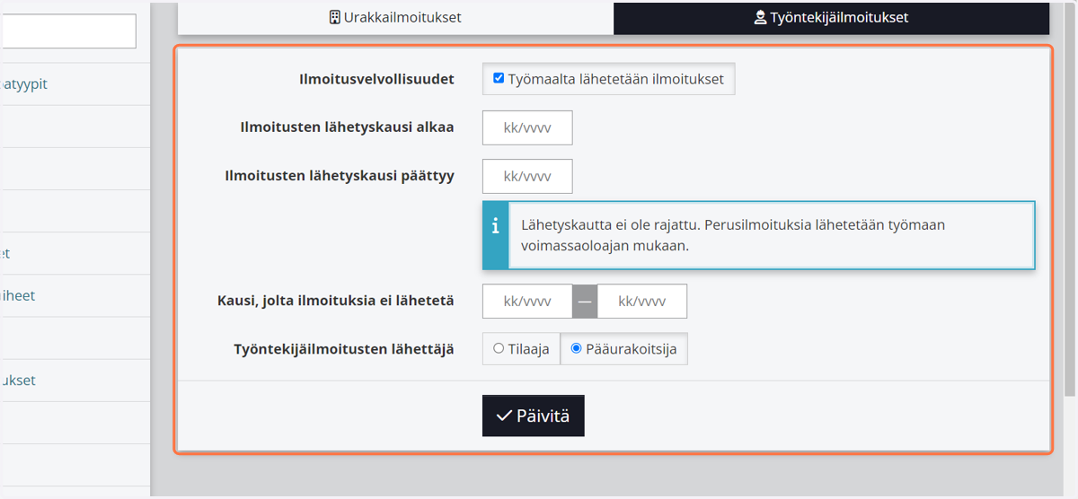 Aseta tarvittaessa päivämäärät työntekijäilmoitusten lähetyskaudelle ja valitse "Päivitä".