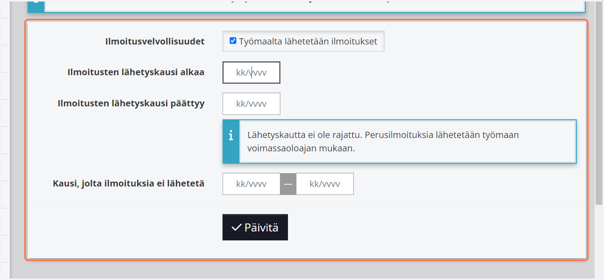 Tallenna asetukset valitsemalla "Päivitä"