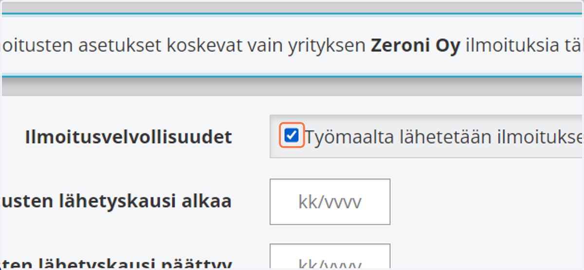 Klikkaa automaattiset ilmoitukset päälle kohdasta "Työmaalta lähetetään ilmoitukset"