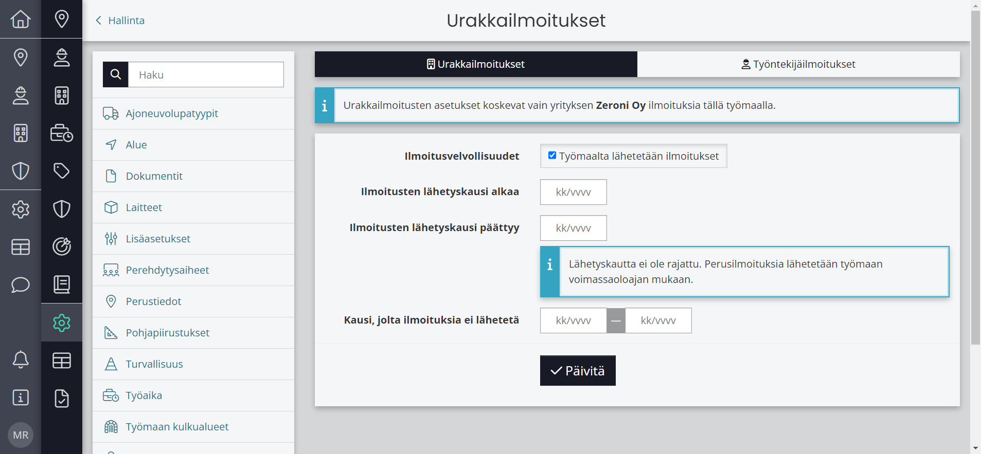 Määrittele urakkailmoitusten asetukset