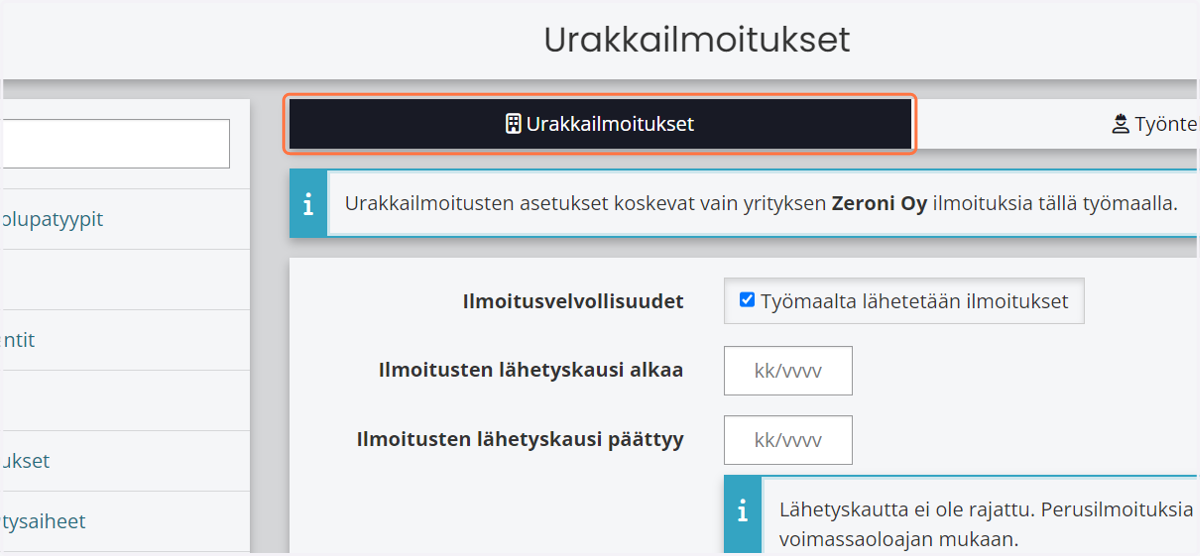 Määrittele urakkailmoitusten asetukset