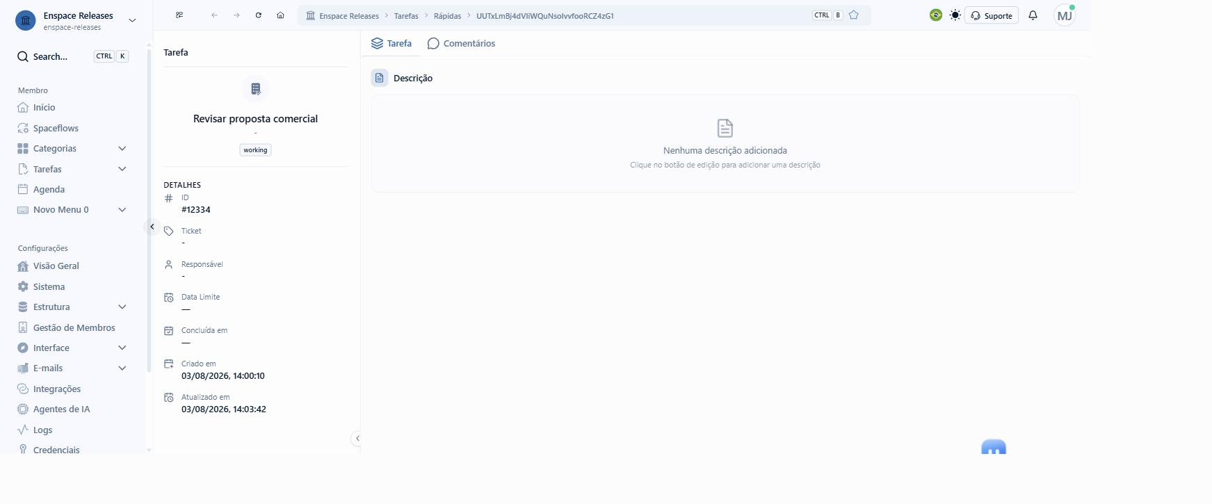 Tarefa Rápida que originou o aviso