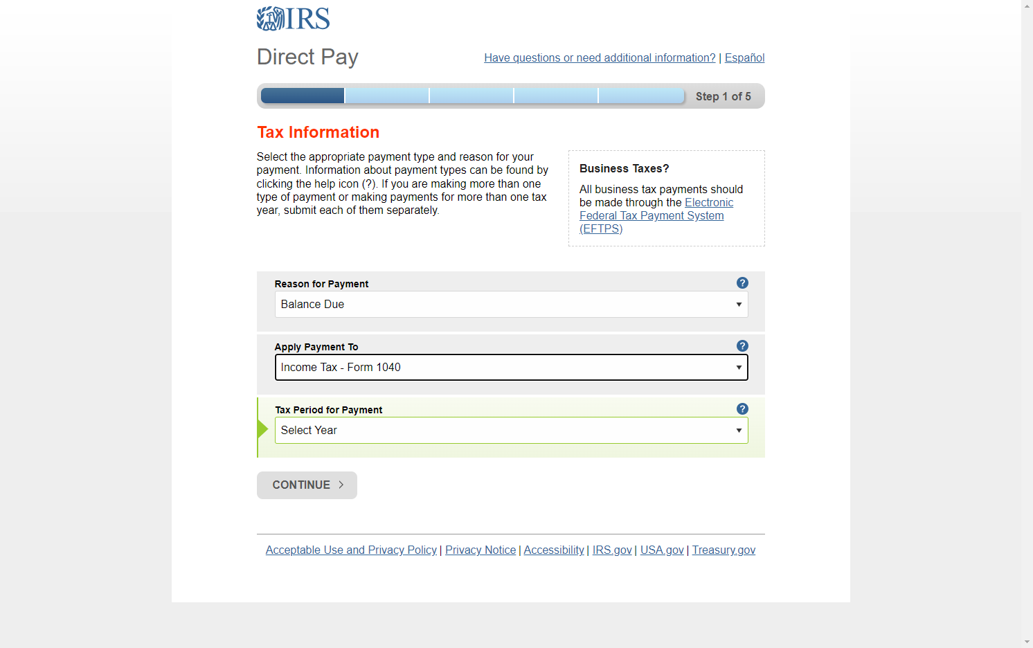 Select Income Tax - Form 1040 from Apply Payment To…