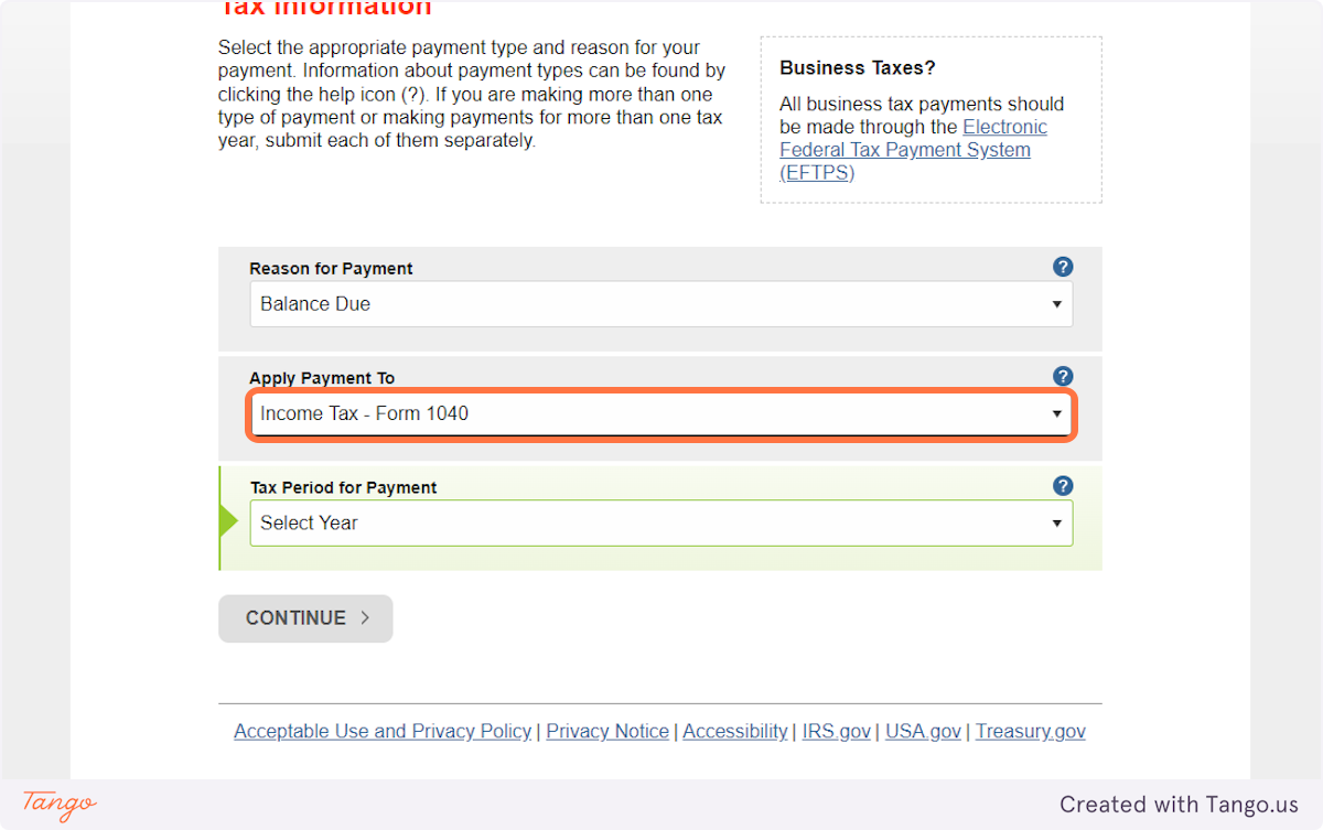 Select Income Tax - Form 1040 from Apply Payment To…