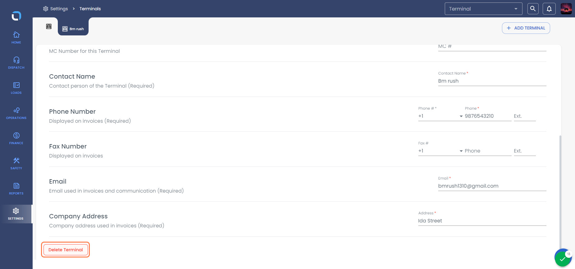 If you have multiple terminals and you want to delete the terminal, you can check the option at the bottom of page