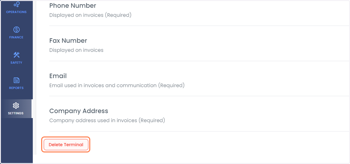 If you have multiple terminals and you want to delete the terminal, you can check the option at the bottom of page