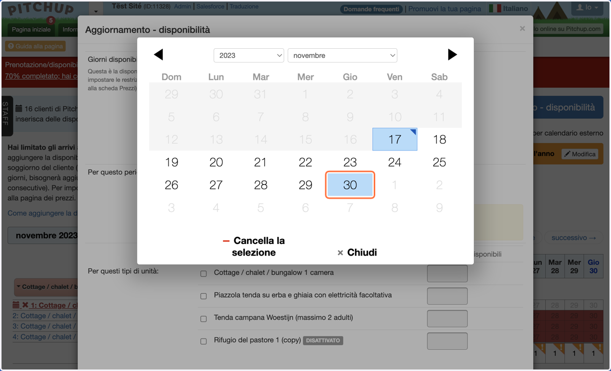 Utilizza le frecce o i menu a tendina sul calendario per selezionare le date corrette.