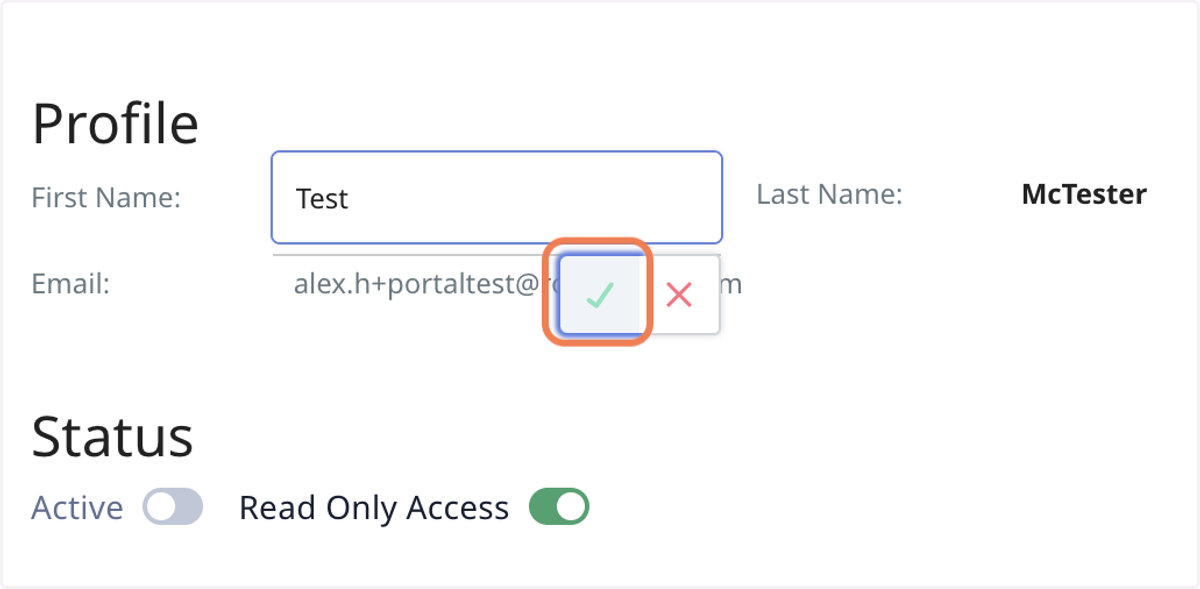 To edit their name or email, click on the relevant field, update the information, and select the checkmark to save your changes