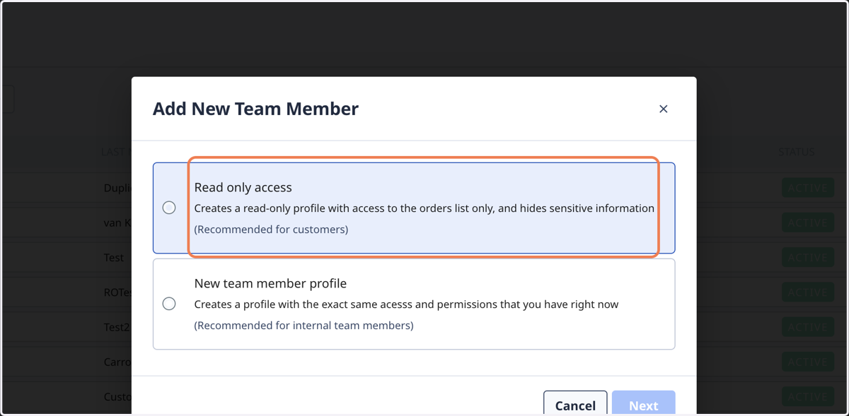 Choose whether this user should have full, or Read Only access, and click "Next"