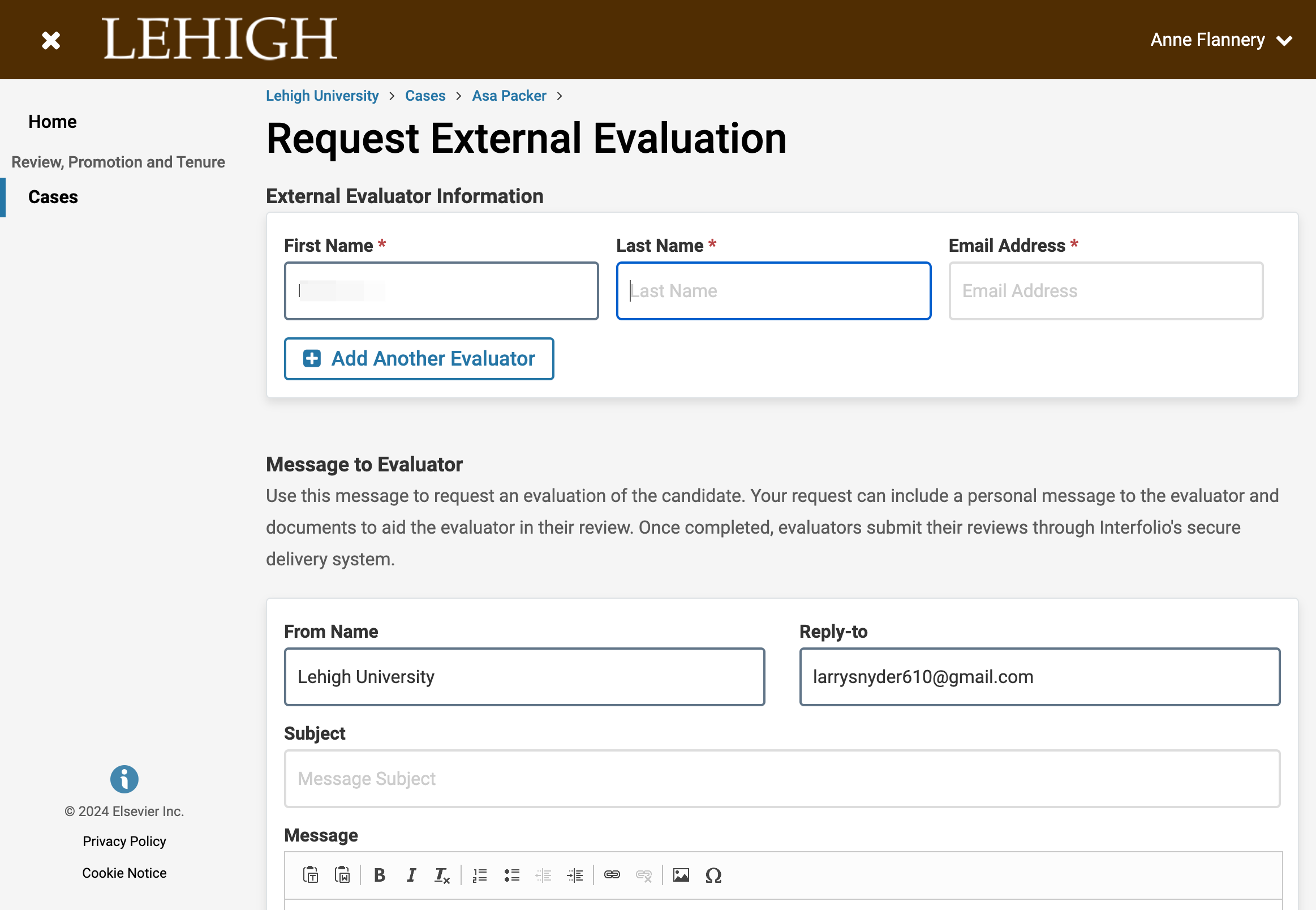 Enter the evaluator's name and email address