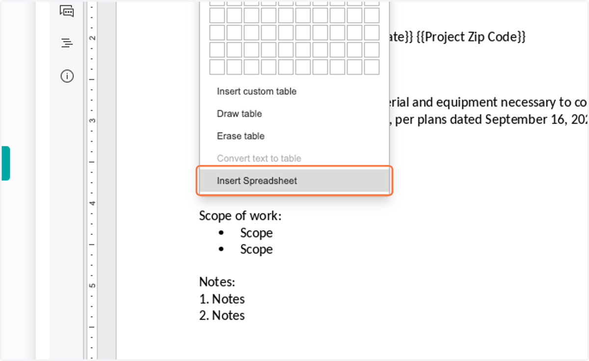 Click on Insert Spreadsheet