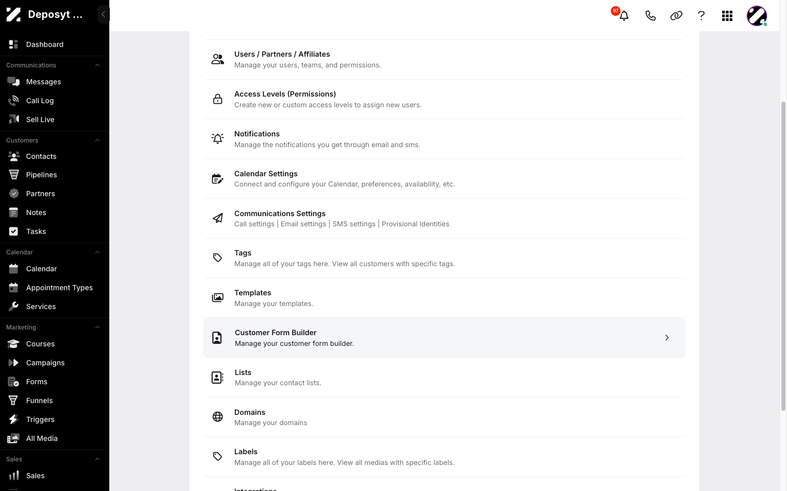 Step 3: You will then be taken to the Settings page. Click on Customer Form Builder to continue.