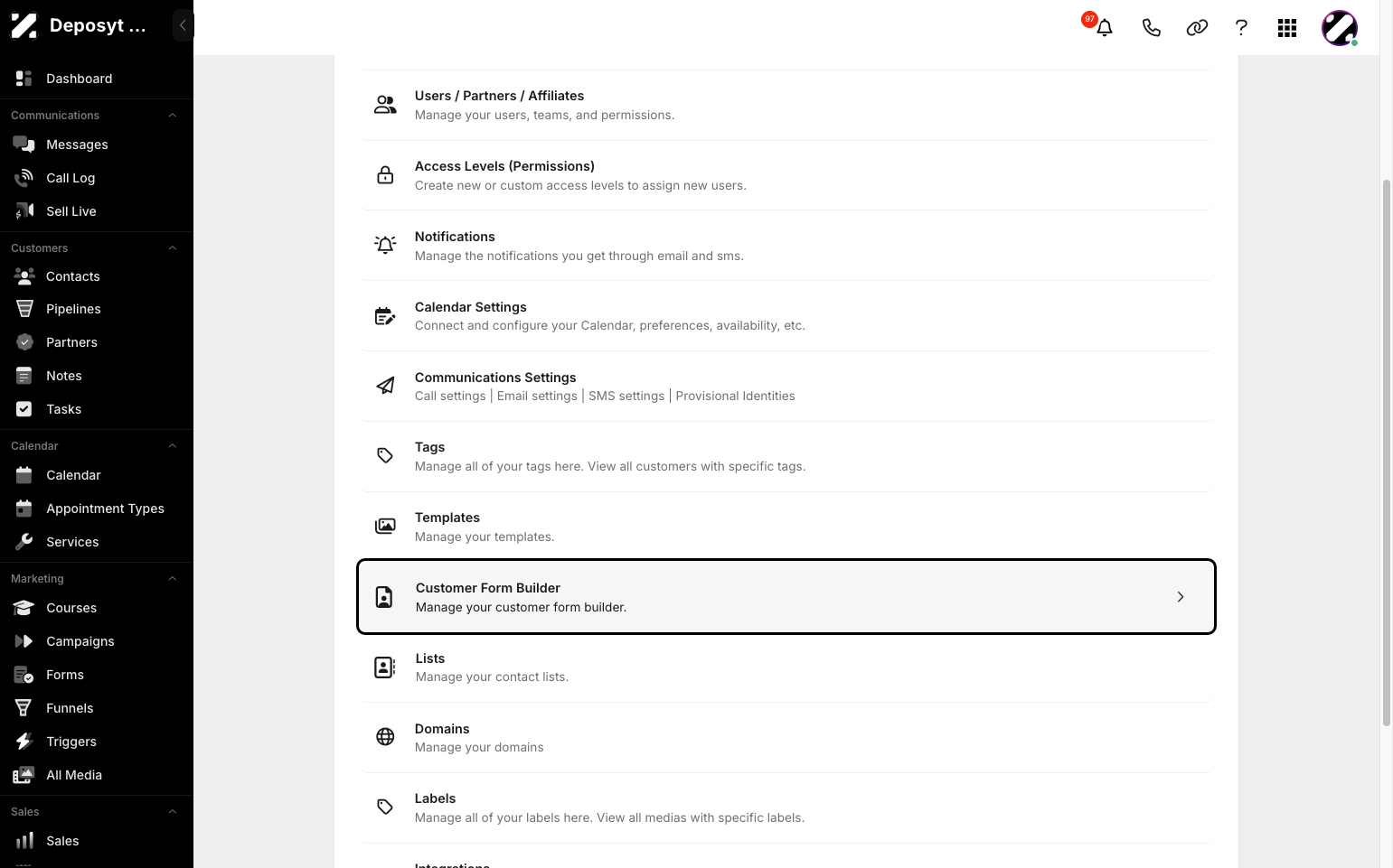 Step 3: You will then be taken to the Settings page. Click on Customer Form Builder to continue.