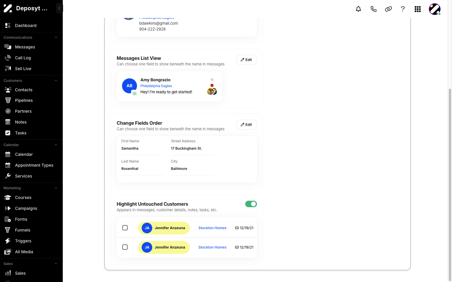 Step 11: Lastly, you can toggle on or off to highlight untouched customers in the CRM. The highlight will appear in messages, customer details, notes, tasks, and other sections.