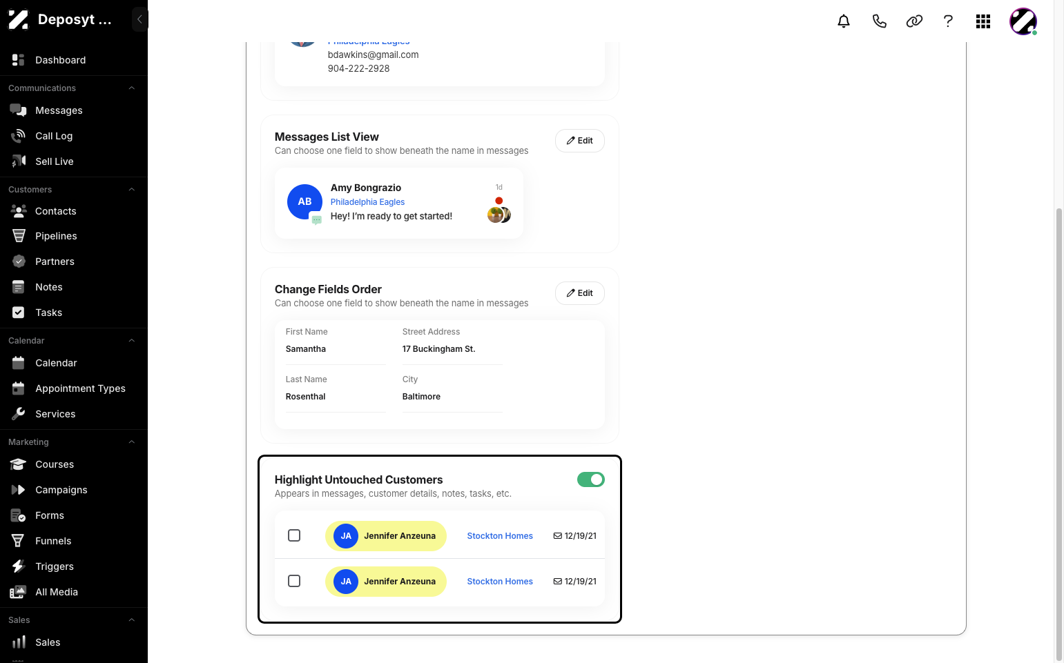 Step 11: Lastly, you can toggle on or off to highlight untouched customers in the CRM. The highlight will appear in messages, customer details, notes, tasks, and other sections.