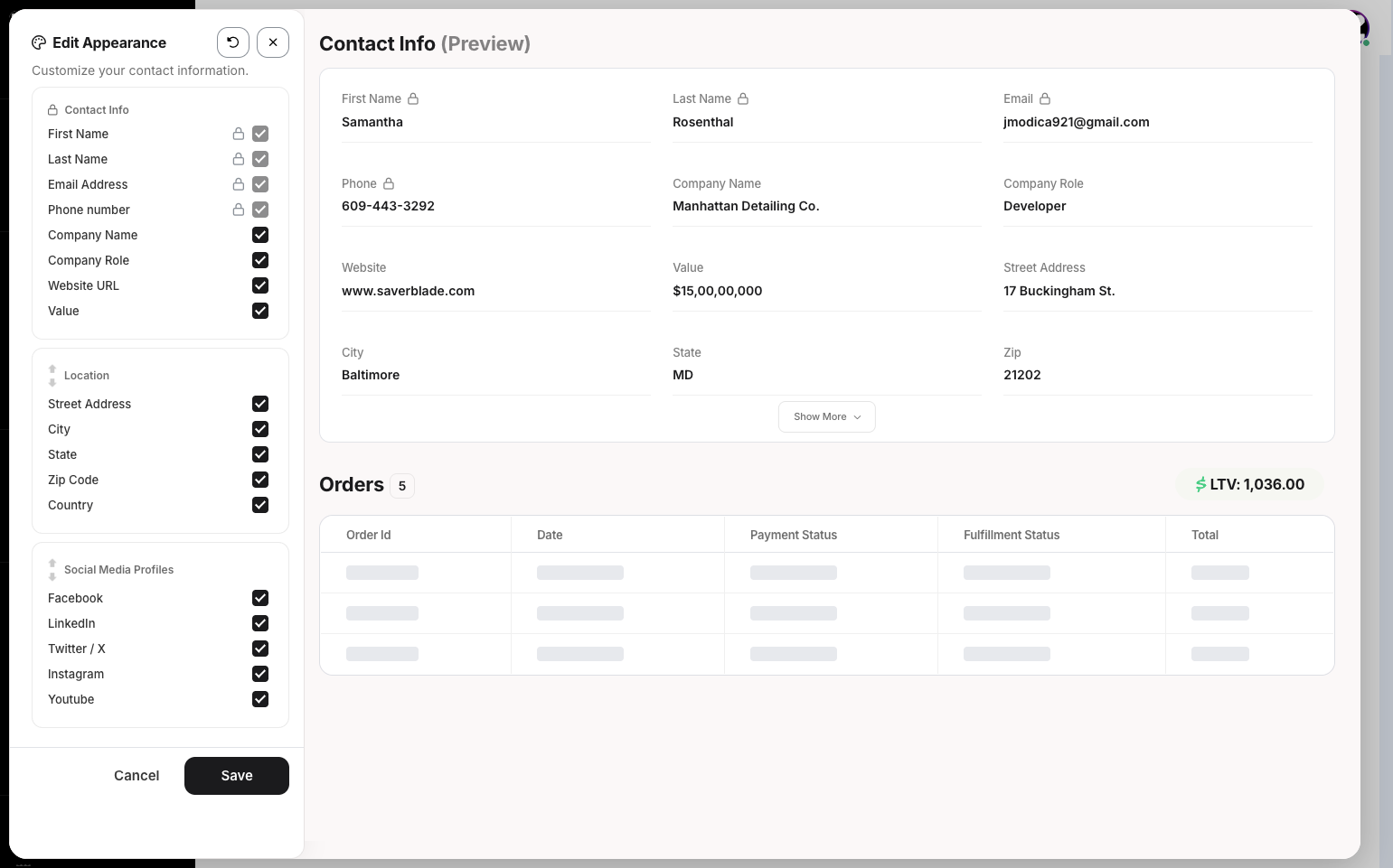 Step 10: Click the Edit button, and a new pop-up will appear. You can customize your contact information on the left side and view the preview on the right side.